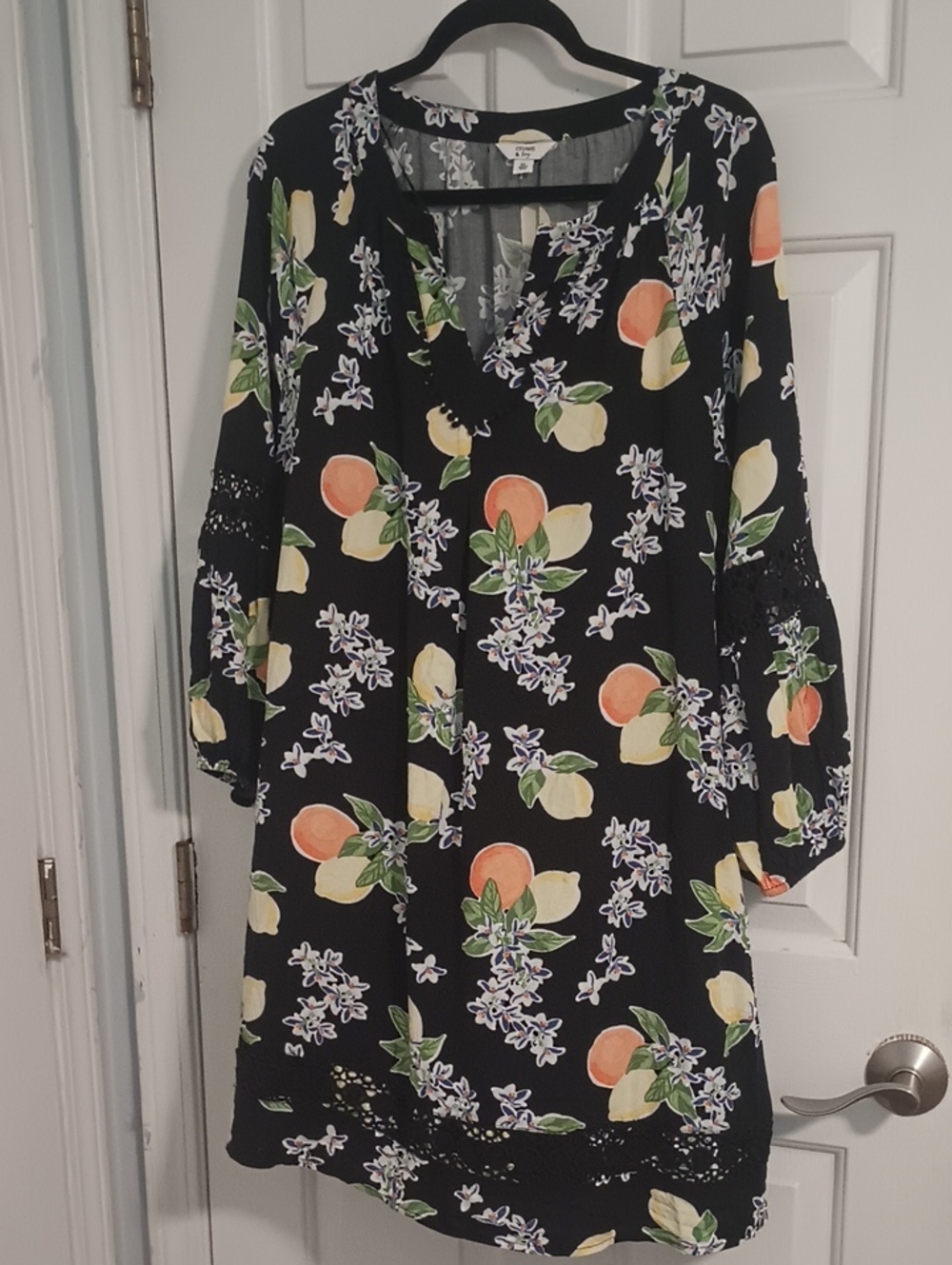 crown & ivy Black Midi Dress with Citrus & Lilac Floral Print